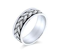 Bling Jewelry Anillo De Boda Personalizado Unisex De Trigo Trenzado De Alambre Trenzado De Cuerda De Cable Para Hombres Mujeres Borde Biselado Oxidado .925 Plata De Ley 8MM Personalizable