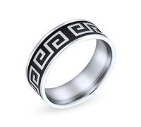 Bling Jewelry Anillo de Boda Plano con Patrón Geométrico de Greca Griega Antigua para Hombres y Mujeres en Acero Inoxidable de Dos Tonos Negro y Plata de 8MM