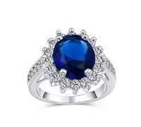 Bling Jewelry Anillo De Compromiso De Zafiro Simulado Con Halo De Corona De CZ Azul Real Tradicional Clásico Personalizable De 5 Quilates Con Piedras Laterales Para Mujeres Plateado