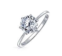 Bling Jewelry Anillo de compromiso solitario clásico redondo brillante atemporal de 1.5CT 6 garras AAA CZ 6 garras para mujeres banda delgada lisa de 1MM .925 plata de ley