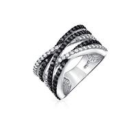 Anillo de declaración de banda con pavé de circonitas cúbicas AAA en dos tonos blanco y negro, diseño cruzado para mujer, chapado en plata de latón.