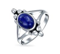 Bling Jewelry Anillo de declaración ovalado estilo Boho Bali con piedra preciosa de lapislázuli azul para adolescentes, banda dividida, plata de ley oxidada .925