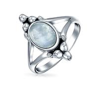 Bling Jewelry Anillo de declaración ovalado estilo Boho Bali con piedras preciosas arcoíris y piedra lunar para adolescentes, banda dividida, plata de ley oxidada .925