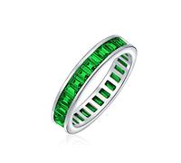Bling Jewelry Anillo de Eternidad con Circonita Cúbica AAA en Talla Rectangular Verde Esmeralda Baguette CZ, Alianza de Aniversario de Boda para Mujeres, Plata de Ley .925, Anillos Apilables de 4MM