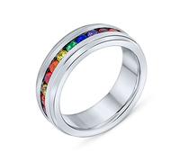 Bling Jewelry Anillo De Eternidad LGBTQ Arcoíris De CZ Colorido Y Personalizable Para Parejas Unisex Banda De Boda De Tono Plateado De Acero Inoxidable De 8MM Para Hombres Y Mujeres