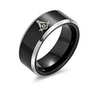 Bling Jewelry Anillo de Hombre de Titanio Negro Masónico con Compás y Escuadra Grabados con Láser Ajuste Cómodo 8MM