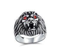 Bling Jewelry Anillo De León Personalizado Con Ojos De Rubí Rojo Simulados Rugiendo Rey De La Jungla Para Hombres Hecho A Mano En Turquía En Plata De Ley .925 Sólida Y Oxidada