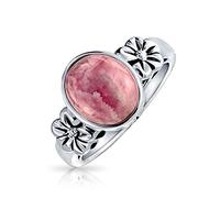 Bling Jewelry Anillo de moda boho con bisel de flor, gema ovalada, rodocrosita rosa, para mujeres y adolescentes, de plata esterlina .925