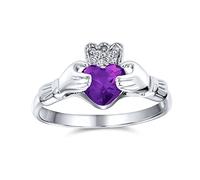 Bling Jewelry Anillo de Promesa de Amistad Celta Irlandesa BFF AAA CZ Simulado Amatista Púrpura Manos y Corazón Claddagh para Mujeres Adolescentes .925 Plata de Ley