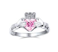 Bling Jewelry Anillo de Promesa de Amistad Celta Irlandesa BFF AAA CZ Simulado de Turmalina Rosa Rosada Manos y Corazón Claddagh para Mujeres Adolescentes .925 Plata de Ley