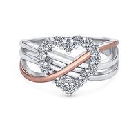 Bling Jewelry Anillo de Promesa para Mujer con Diseño Romántico de Dos Tonos, Acento de CZ Pavé, Circonita Cúbica entrelazada en Infinito y Corazón, Chapado en Oro Rosa, Plata de Ley .925