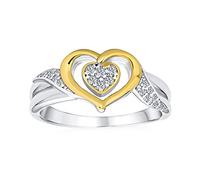 Bling Jewelry Anillo de Promesa Romántico y Delicado de Dos Tonos con Acento de CZ, Bandas Entrelazadas y Retorcidas con Corazón para Mujer, Chapado en Oro y Plata de Ley .925