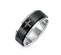 Bling Jewelry Anillo Giratorio De Acero Inoxidable Negro Y Plateado Con Cruz De Padre Nuestro Religioso Personalizado Unisex Para Hombres Mujeres Y Adolescentes