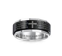 Bling Jewelry Anillo giratorio de inquietud personalizado unisex religioso Padre Nuestro con cruz para hombres, mujeres, adolescentes, tono negro y plateado de acero inoxidable grabado personalizado