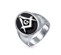 Bling Jewelry Anillo Masónico de Hombre Ovalado Negro con Compás Cuadrado de Sociedad Secreta, Tono Plateado de Acero Inoxidable