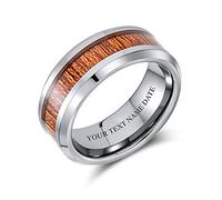 Bling Jewelry Anillos de boda de titanio con incrustación de madera de Koa personalizados para hombres y mujeres tono plateado ajuste cómodo 8MM grabado personalizado