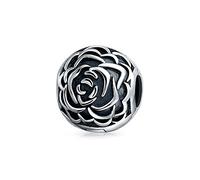 Bling Jewelry Bloom Floral Rose Barrel Spacer Stopper Bead Charm For Women Oxidized .925 Sterling Silver Snap Clasp Fits European Bracelet