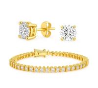 Bling Jewelry Brazalete De Tenis Con Solitario Redondo De 10Ct CZ Y Juego De Aretes De Botón De .75Ct CZ Joyería Para Mujeres Boda Y Ocasión Especial Chapado En Oro Amarillo De 14K Plata De Ley .925