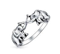 Bling Jewelry Buena Suerte Trompa Arriba Zoológico Animal Dos Elefantes Anillo Para Mujeres Para Adolescentes Oxidado .925 Plata de Ley