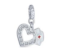 Bling Jewelry Caduceus Rn Enfermera Gorra Forma De Corazón Graduado Cristal Cz Colgante Abalorio Esmalte Blanco .925 Plata De Ley Se Adapta A Pulsera Europea
