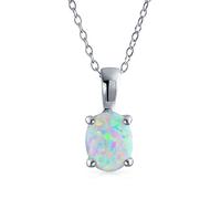 Bling Jewelry Clásico Simple Piedra Preciosa 1Ctw Solitaire Oval Blanco Arco Iris Creado Opal Collar Colgante Para Mujer Adolescente .925 Plata De Ley Octubre Piedra De Nacimiento