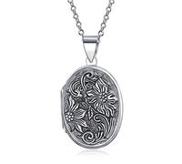 Bling Jewelry Colgante De Collar Con Relicario Ovalado De Estilo Vintage Con Flores En Relieve, Girasol, Para Mujeres Que Guardan Fotos, Plata De Ley Oxidada .925 Grande