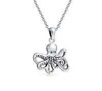Bling Jewelry Collar Colgante de Calamar Pulpo Criatura Marina Vida Marina Océano Luna de Miel Vacaciones Náuticas para Mujeres Adolescentes Plata de Ley Oxidada .925