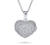 Bling Jewelry Collar Colgante Relicario Estilo Vintage Filigrana Flor Aromaterapia Aceite Esencial Perfume Difusor Keepsake Foto Forma Corazón Para Mujeres Adolescentes .925 Plata Esterlina