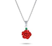 Bling Jewelry Collar Colgante Romántico Delicado de Flor en Flor 3D Rosa Roja con Acento Verde CZ Para Mujeres Para Adolescentes .925 Plata Esterlina