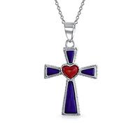 Bling Jewelry Collar religioso de plata esterlina .925 con colgante de cruz de corazón rojo y lapislázuli azul creado con estilo del suroeste para mujeres adolescentes.