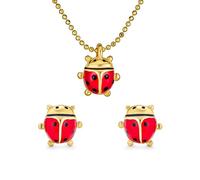 Bling Jewelry Conjunto de Collar Colgante y Aretes de Estudio Pequeños de Mariquita Roja de Esmalte con Baño de Oro para Mujeres