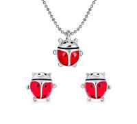 Bling Jewelry Conjunto de Collar con Colgante Pequeño de Esmalte de Mariquita Roja de la Suerte y Pendientes de Botón Tono Plateado Chapado en Rodio para Mujer