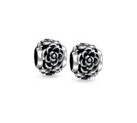 Bling Jewelry Conjunto de Dos Cuentas de Encanto de Rosa Negra Floral de Jardín de Flores de Primavera Para Mujeres Para Adolescentes Oxidado .925 Plata de Ley Compatible con Pulsera Europea
