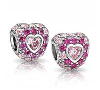 Bling Jewelry Conjunto De Dos Cuentas De Encanto En Forma De Corazón Con Pavé De Circonia Cúbica Fucsia Rosa Caliente Para Mujer Novia Plata De Ley Para Pulsera Europea