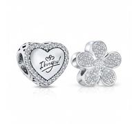 Bling Jewelry Conjunto De Dos Palabras De San Valentín Te Amo Borde De Cristal En Forma De Corazón Y Brillante CZ Claro Pavé En Forma De Flor Margarita Abalorio Para Mujeres Oxidado .925 Plata De Ley