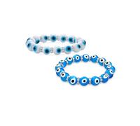 Bling Jewelry Conjunto de Dos Pulseras Elásticas de Cuentas de Vidrio Ojo Turco Azul Blanco para Mujeres Adolescentes Separadores de Cristal Rondelle para Protección y Buena Suerte