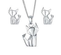 Bling Jewelry Conjunto De Joyas Geométricas En 3D Joyería De Origami Animales Gatito Gato Pendientes De Tuerca Y Collar Colgante Para Mujeres Adolescentes Plata Esterlina .925