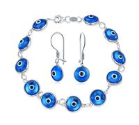 Conjunto De Joyas Amuleto De Buena Suerte Pulsera De Ojo Maligno De Cuentas De Vidrio Translúcido Turco Y Pendientes Para Mujeres Adolescentes Plata Esterlina .925 Azul De 7.5 Pulgadas