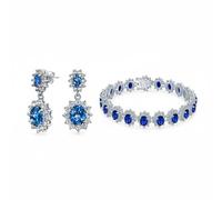 Bling Jewelry Conjunto De Joyería De Boda Estilo Corona Art Deco Con Halo Ovalado De Circonita Cúbica Azul Simulada Zafiro Pulsera De Tenis Y Pendientes Colgantes Para Mujer Plateado