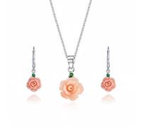 Bling Jewelry Conjunto De Joyería De Collar Colgante De Rosa Rosa Floreciente Delicada Romántica 3D Con Acento Verde CZ Y Pendientes Colgantes Con Cierre De Palanca Para Mujer En Plata De Ley .925