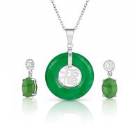 Bling Jewelry Conjunto De Joyería De Collar Con Colgante Redondo De Jade Verde Teñido Estilo Asiático Con Carácter Fu De Buena Fortuna Y Pendientes Colgantes Para Mujer En Plata De Ley .925