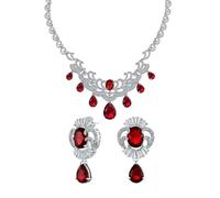 Bling Jewelry Conjunto De Joyería De Collar De Declaración De Lágrima Baguette CZ Rojo Rubí Nupcial Art Deco Y Pendientes Colgantes De Lágrima A Juego Para Mujeres Boda Baile De Graduación Plateado