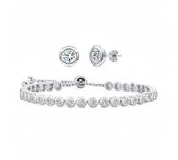 Bling Jewelry Conjunto De Joyería De Pulsera Bolo De Tenis Con Bisel Redondo Nupcial De Circonia Cúbica CZ Y Aretes De Perno Solitario De 7 Mm Para Mujeres Adolescentes Chapado En Plata