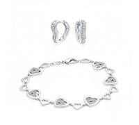 Bling Jewelry Conjunto De Joyería Romántica Para Novia Con Pulsera De Múltiples Corazones De CZ Y Aretes De Aro Abrazador De Corazón Abierto Para Mujer Chapado En Plata