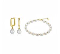 Bling Jewelry Conjunto De Joyería Simple De Pulsera De Perlas Barrocas Genuinas De Agua Dulce Blanca Y Aretes De Aro De Clip De Papel En Forma De Lágrima Para Mujeres Adolescentes Chapado En Oro