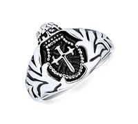 Bling Jewelry Corona Religiosa De Hombres Escudo De Caballero Vikingo Con Cruz De Flor De Lis Maltés Anillo De Sello Para Hombres En Tono Plateado Oxidado De Acero Inoxidable