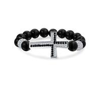 Bling Jewelry Cruz De Lado Diagonal Negro Onyx Blanco Pave Cristal Estiramiento Pulsera Para Hombre Para Mujer Rodio Plateado Aleación