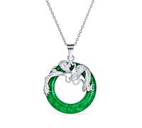 Estilo Asiático Abierto Círculo Redondo Disco Teñido De Jade Verde Dragón Colgante Collar Para Mujer .925 Plata De Ley 18 Pulgadas