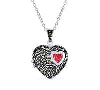 Bling Jewelry Genuino Rojo Granate Estilo Vintage De Filigrana De Aceite Esencial De Aromaterapia Difusor De Perfume En Forma De Corazón Collar De Medallón Para La Mujer Oxidado .925 Plata Esterlina