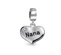 Bling Jewelry Grabar Palabra Nana Corazón Colgante Abalorios Para Abuela Cristal Acento Oxidado .925 Plata De Ley Ajuste Pulsera Europea
